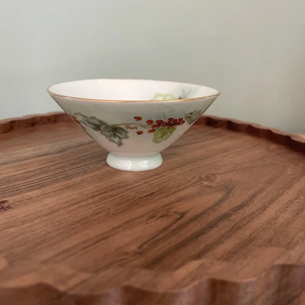 Vintage HANDPAINTED Rice Bowl Porcelain grapes cherries signed 
